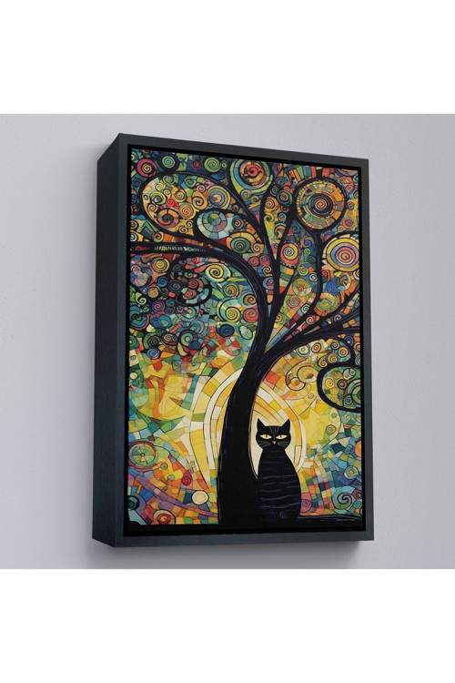 Ahşap Çerçeveli Ağaç Altındaki Siyah Kedi Tablosu-7899