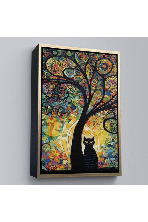 Ahşap Çerçeveli Ağaç Altındaki Siyah Kedi Tablosu-7899