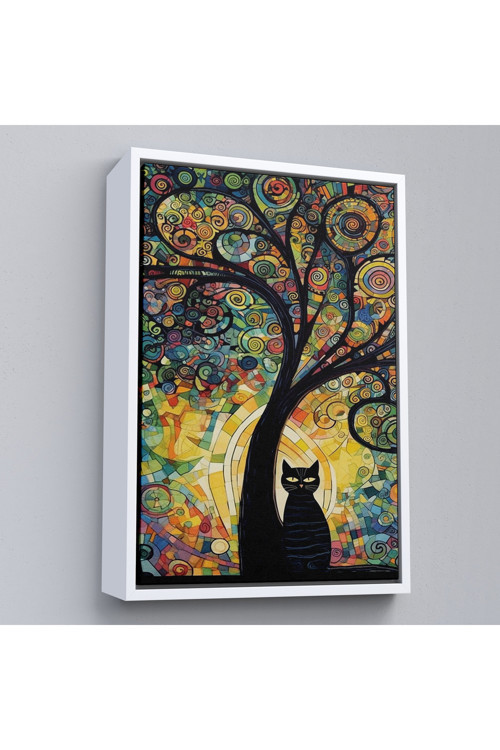 Ahşap Çerçeveli Ağaç Altındaki Siyah Kedi Tablosu-7899