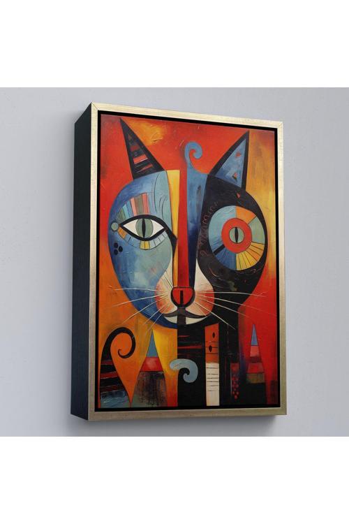 Ahşap Çerçeveli Pablo Picasso Tarzı - Soyut Renkli Kedi Tablo-7371
