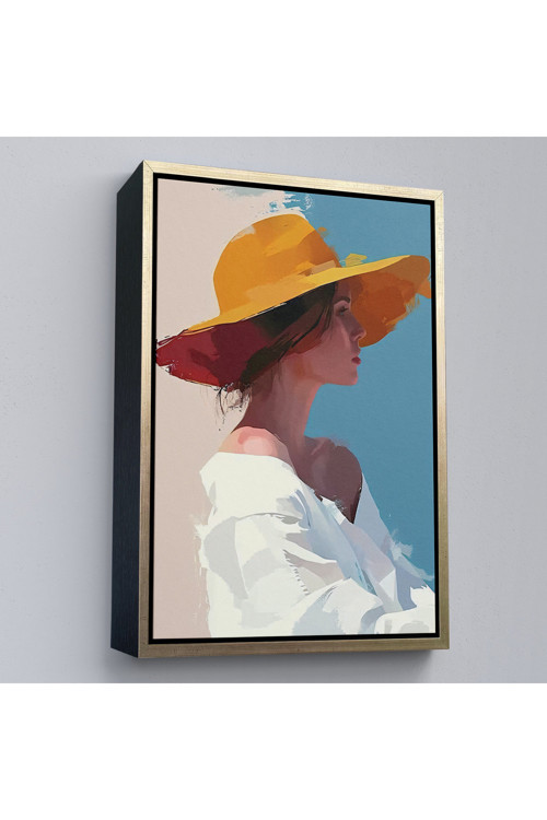 Ahşap Çerçeveli Sarı Şapkalı Soyut Kadın Tablo-7631