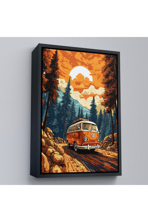 Ahşap Çerçeveli Retro Volkswagen Minibüs Ve Manzara Tablosu-7811