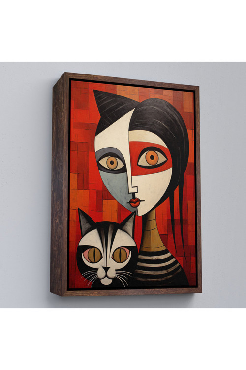 Ahşap Çerçeveli Pablo Picasso Tarzı - Soyut Renkli Kadın Ve Keditablo-7376