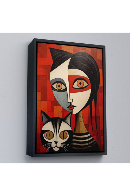 Ahşap Çerçeveli Pablo Picasso Tarzı - Soyut Renkli Kadın Ve Keditablo-7376