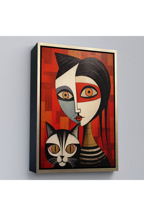 Ahşap Çerçeveli Pablo Picasso Tarzı - Soyut Renkli Kadın Ve Keditablo-7376