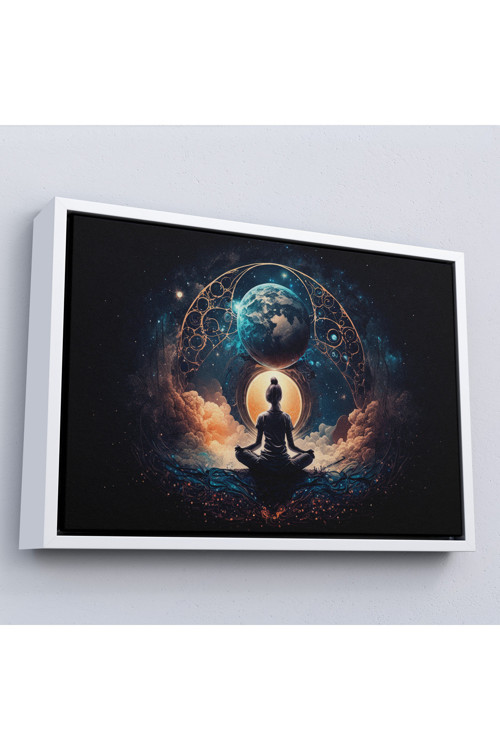 Ahşap Çerçeveli Meditasyon Yapan Kadın Lotus'Ta Evrenle Bağlantı Tablosu-7251