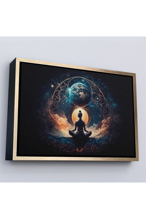 Ahşap Çerçeveli Meditasyon Yapan Kadın Lotus'Ta Evrenle Bağlantı Tablosu-7251