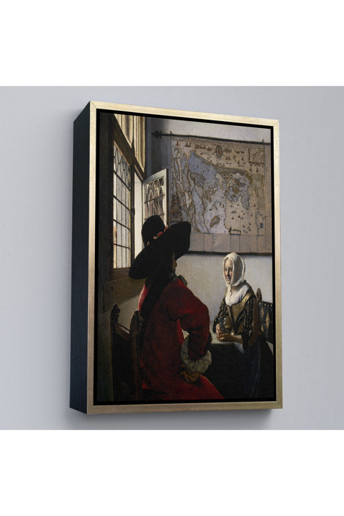 Ahşap Çerçeveli Johannes Vermeer - Memur Ve Gülen Kız Tablo - Officer And Laughing Girl-7366