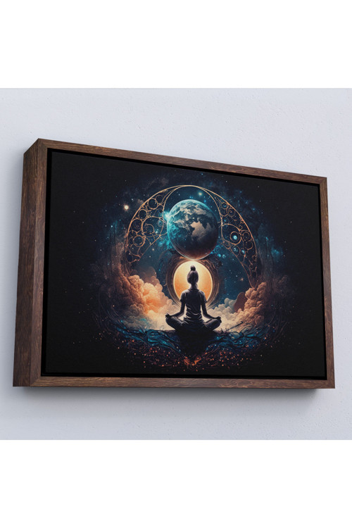 Ahşap Çerçeveli Meditasyon Yapan Kadın Lotus'Ta Evrenle Bağlantı Tablosu-7251
