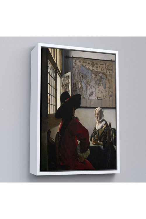 Ahşap Çerçeveli Johannes Vermeer - Memur Ve Gülen Kız Tablo - Officer And Laughing Girl-7366