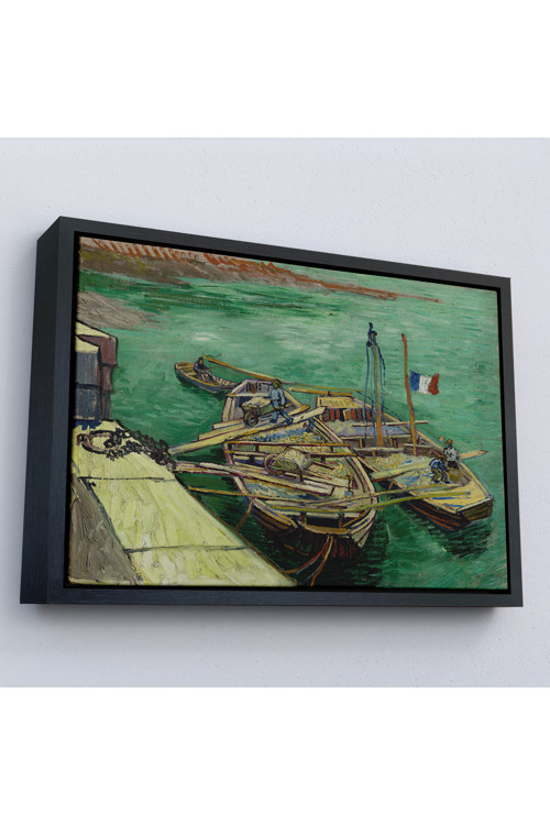 Ahşap Çerçeveli Vincent Van Gogh - Kum Mavnalarını Boşaltan Adamlarla Rıhtım Tablo-7185