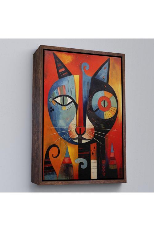 Ahşap Çerçeveli Pablo Picasso Tarzı - Soyut Renkli Kedi Tablo-7371