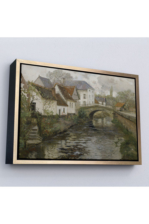 Ahşap Çerçeveli Ortaçağ Alman Köy Kanalı Vintage Tablo