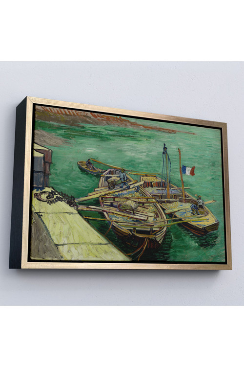 Ahşap Çerçeveli Vincent Van Gogh - Kum Mavnalarını Boşaltan Adamlarla Rıhtım Tablo-7185