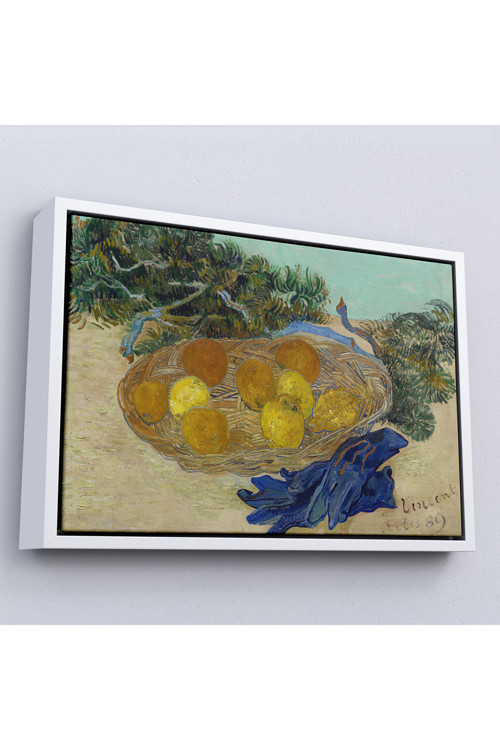 Ahşap Çerçeveli Vincent Van Gogh - Mavi Eldivenli Portakal Ve Limonların Natürmortu Tablosu-7188