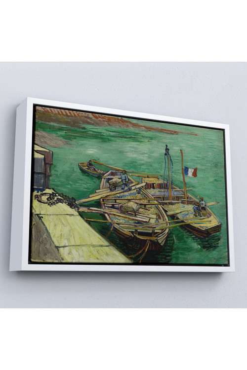 Ahşap Çerçeveli Vincent Van Gogh - Kum Mavnalarını Boşaltan Adamlarla Rıhtım Tablo-7185