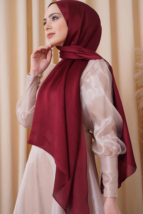 Saten Dokulu Janjan Abiye Şal 75x180cm Vişne