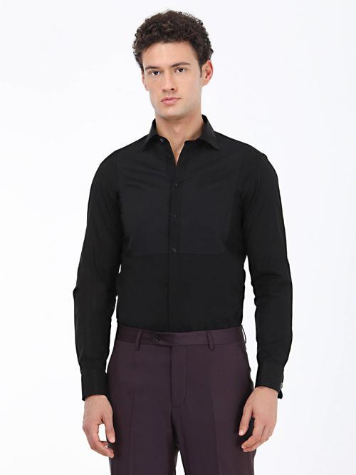 Siyah Düz Slim Fit Duble Manşet Klasik Yaka Smokin Gömlek