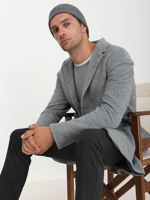 Gri Loose Fit Kelebek Yaka Klasik Örme Palto