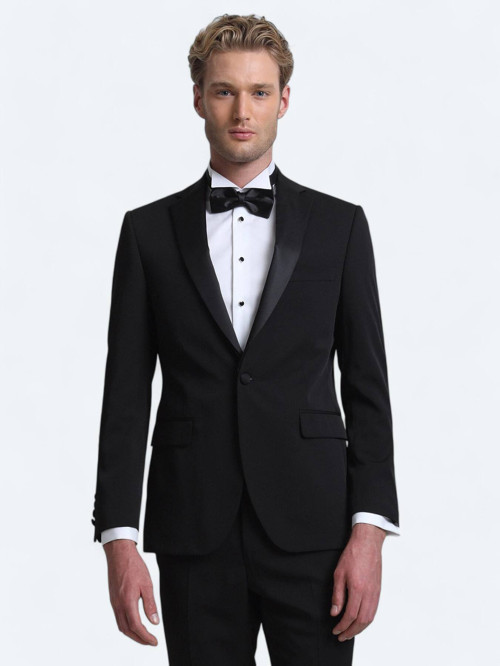 Siyah Slim Fit Kelebek Yaka Dokuma Smokin Takım Elbise