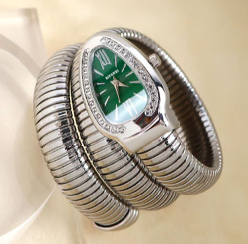 Yeşil Kadranlı Metal Renk Taşlı Yılan Model Saat-C21