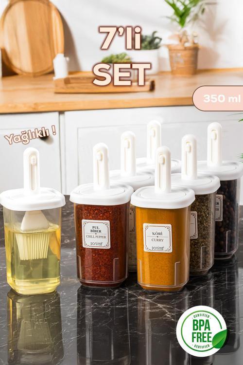 4365 7li Kaydırmalı Kaşıklı Sızdırmaz Kapaklı Etiketli Baharatlık Seti - Saklama Kabı