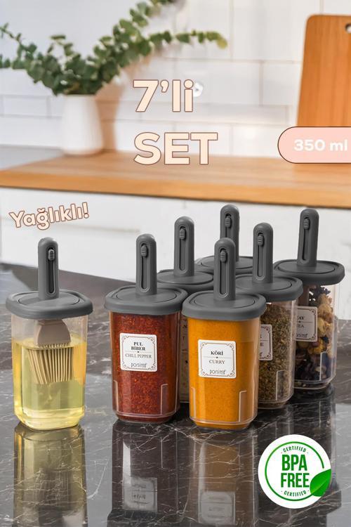 4364 7li Kaydırmalı Kaşıklı Sızdırmaz Kapaklı Etiketli Baharatlık Seti - Saklama Kabı