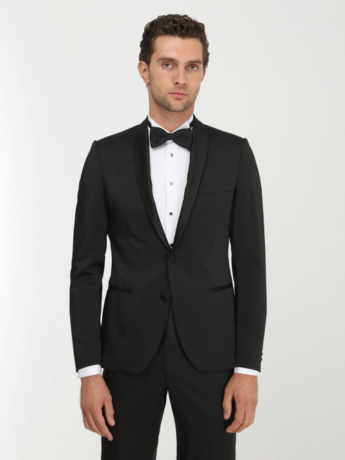 Siyah Desenli Slim Fit Şal Yaka Dokuma Smokin Takım Elbise