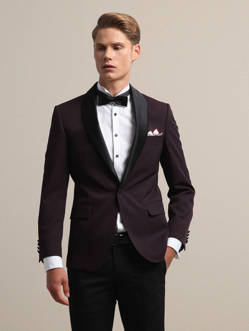 Bordo Slim Fit Çıkarılabilir Şal Yaka Dokuma Smokin Takım Elbise
