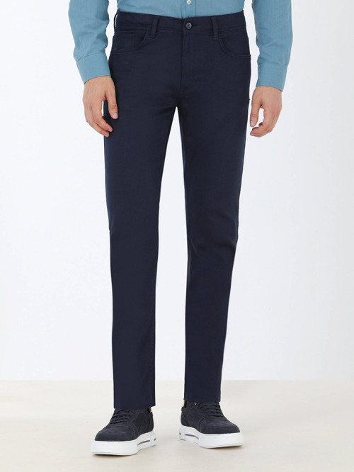 Lacivert Düz Dokuma Slim Fit Casual Pamuk Karışımlı Pantolon
