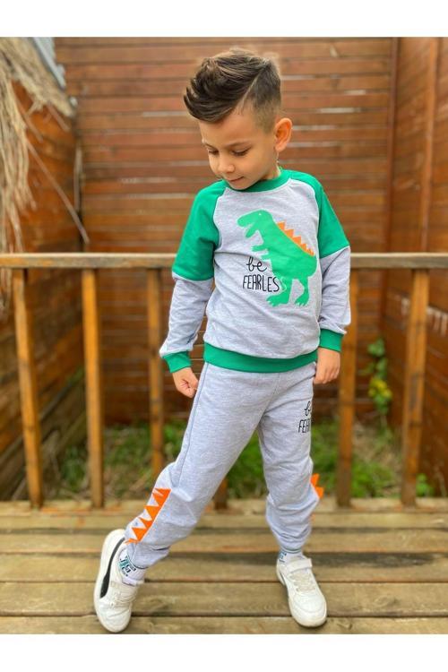 Dinozor Motif İkiiplik Kumaş Çocuk Eşofman Mnk0564 Yeşil