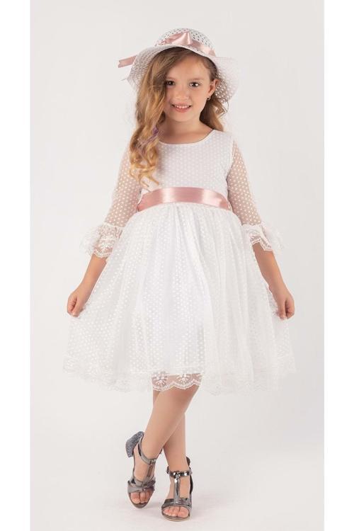 Double Şapka Fiyonk Puantiyeli Dönem Elbise Beyaz