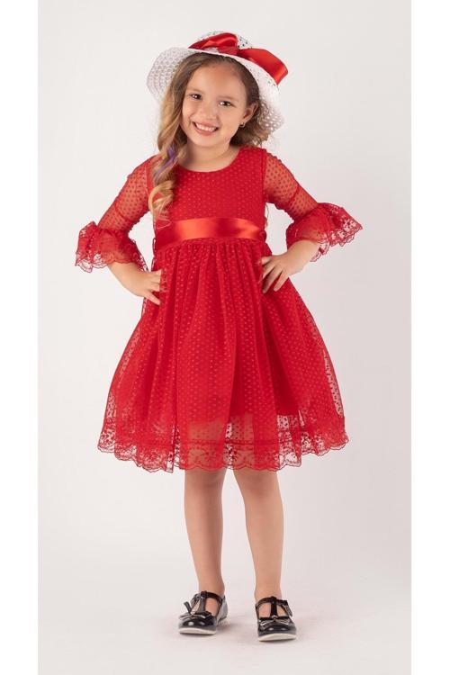 Double Şapka Fiyonk Puantiyeli Dönem Elbise Kırmızı