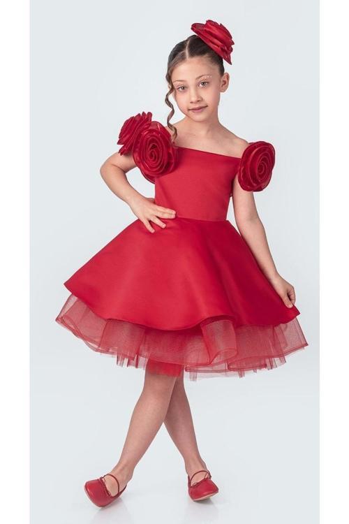 Fanari Krep Saten Gren Destekli Kız Abiye M00735 Kırmızı