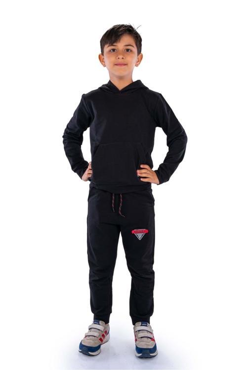 New Design Kanguru Cepli Kapüşonlu Çocuk Eşofman Mnk10073 Siyah