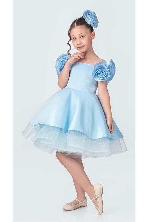 Fanari Krep Saten Gren Destekli Kız Abiye M00735 Mavi