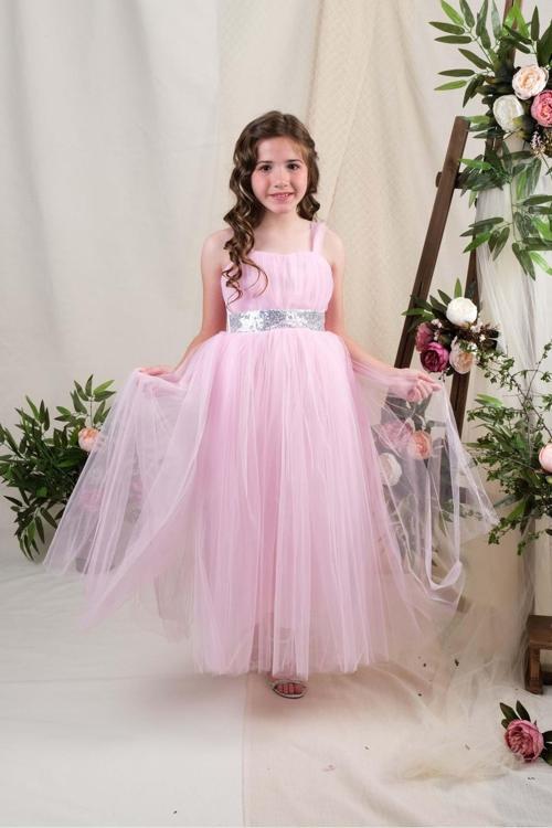 Sırt Gipeli Tütü Etek Kız Çocuk Saten Parti Abiye Elbise 0340 Pembe