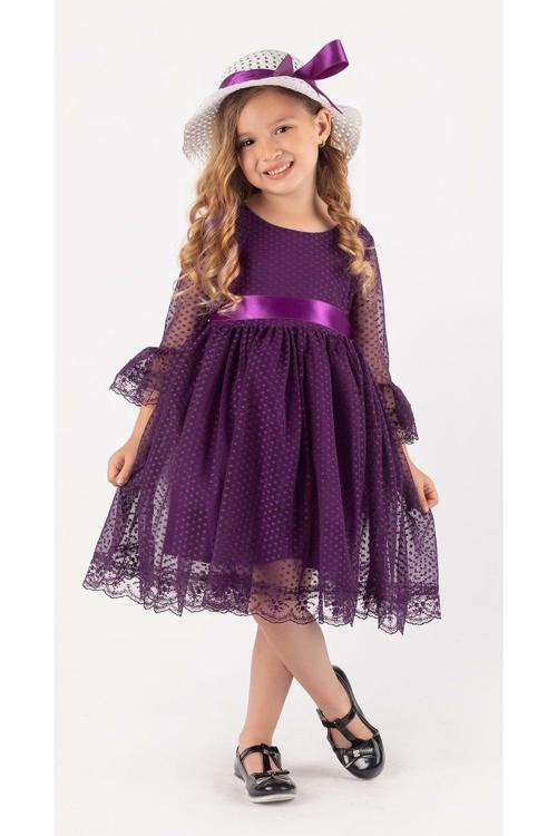 Double Şapka Fiyonk Puantiyeli Dönem Elbise Mürdüm