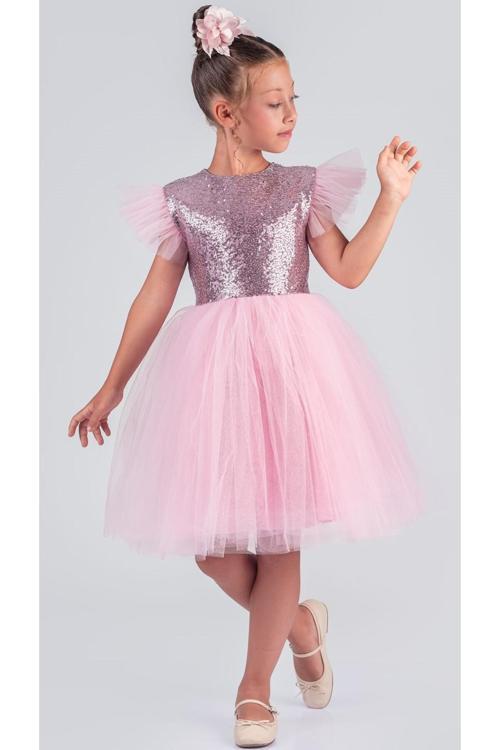 Tüllü Kız Çocuk Kpl Elbise Mnk0526 Koyu Pembe