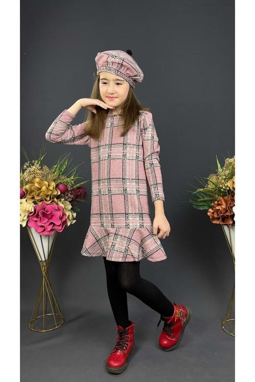 Kız Çocuk Şapkalı Kışlık Uzun Kol Elbise Mnk0412 Pembe