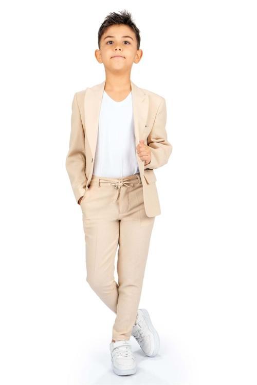 Spor Çocuk Ceket, Tişört , Jogger Pantolonlu Takım Mnk5682 Bej