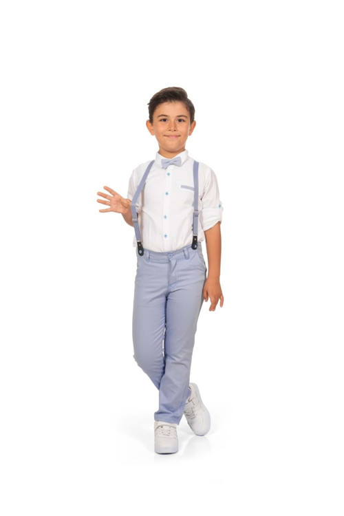 Oxford Gömlek Uzun Pantolon Erkek Çocuk Takımı Mnk0302 Mavi - Bej