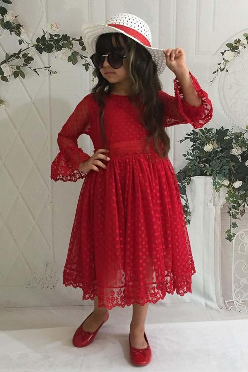 Krem Şapkalı Dantelli Kız Çocuk Elbise Kırmızı