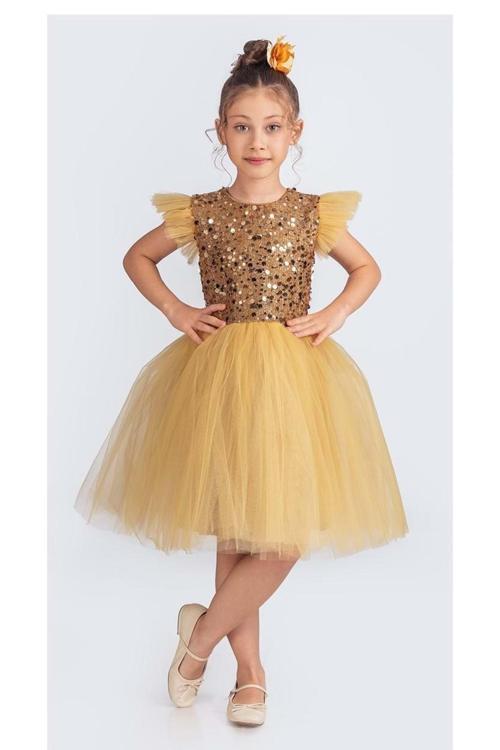 Tüllü Kız Çocuk Kpl Elbise Mnk0526 Sarı