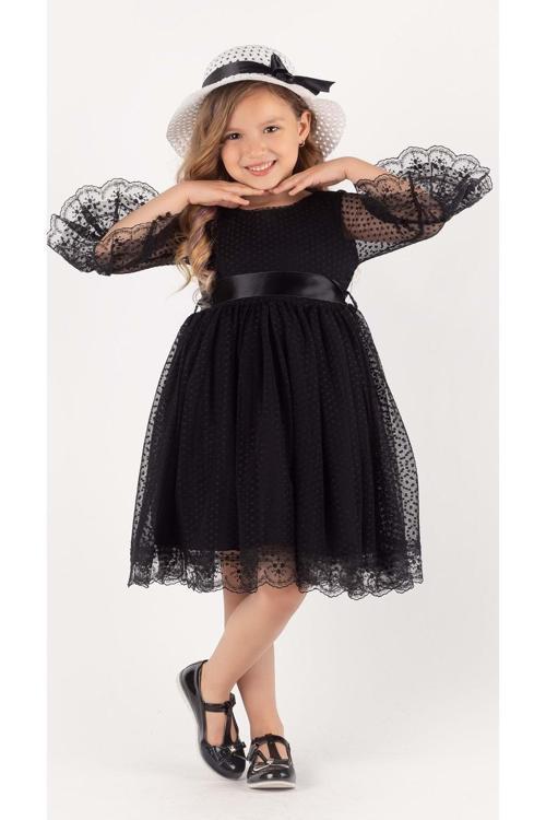 Double Şapka Fiyonk Puantiyeli Dönem Elbise Siyah