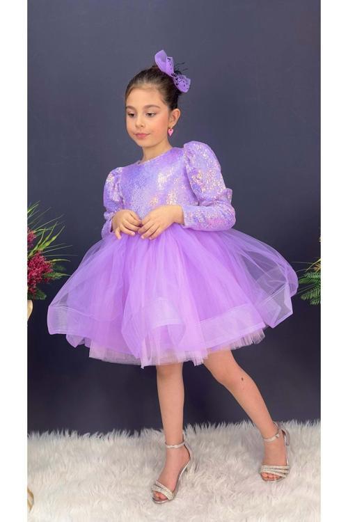 Tütü Gren Etekli Kız Çocuk Pul Payetli Uzun Kol Kikidi Elbise Mnk0583 Lila