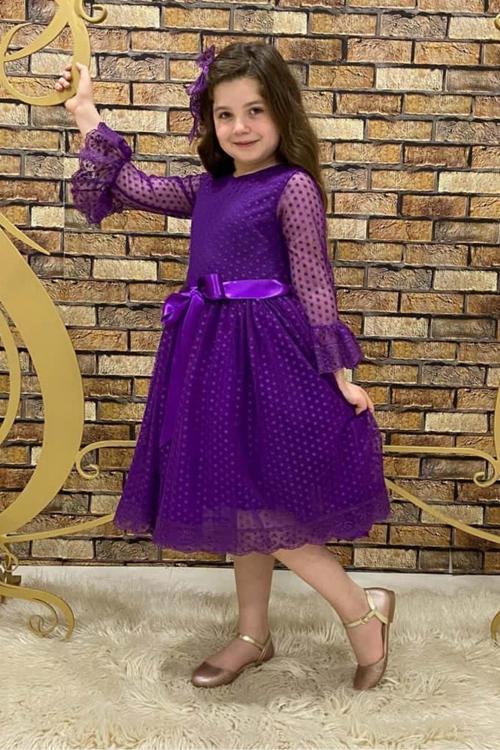 Rengarenk Fransız Dantel Tokalı Kız Çocuk Elbise Mor