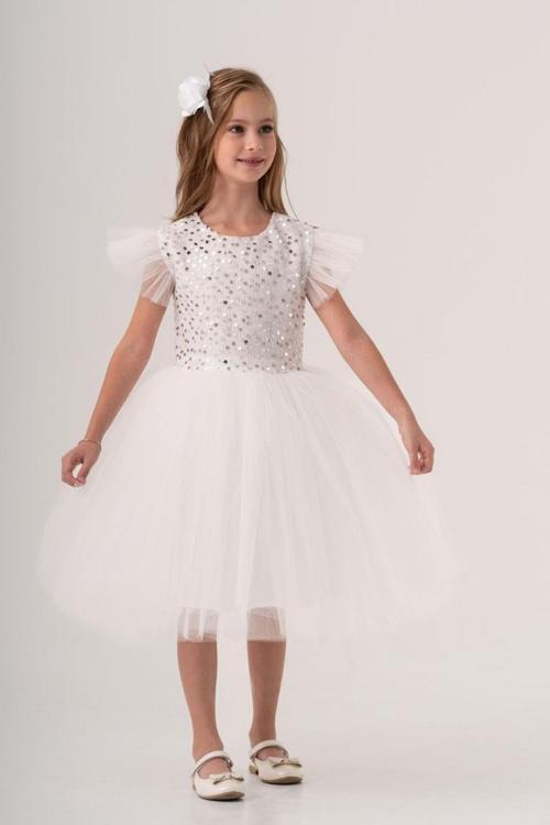 Tüllü Kız Çocuk Kpl Elbise Mnk0526 Kar Beyaz