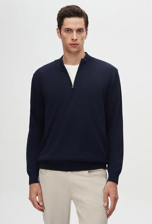 Slim Fit Lacivert Yarım Fermuarlı Triko Kazak