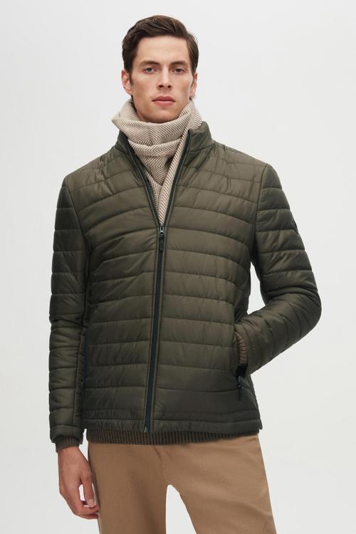 Slim Fit Haki Rüzgar Geçirmez Elyaf Dolgulu Şişme Mont